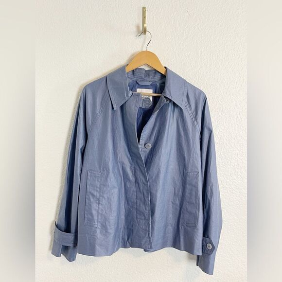 Madewell short trench coat Laminated Button Up Long Sleeve Coat in blue. M - Picture 6 of 12